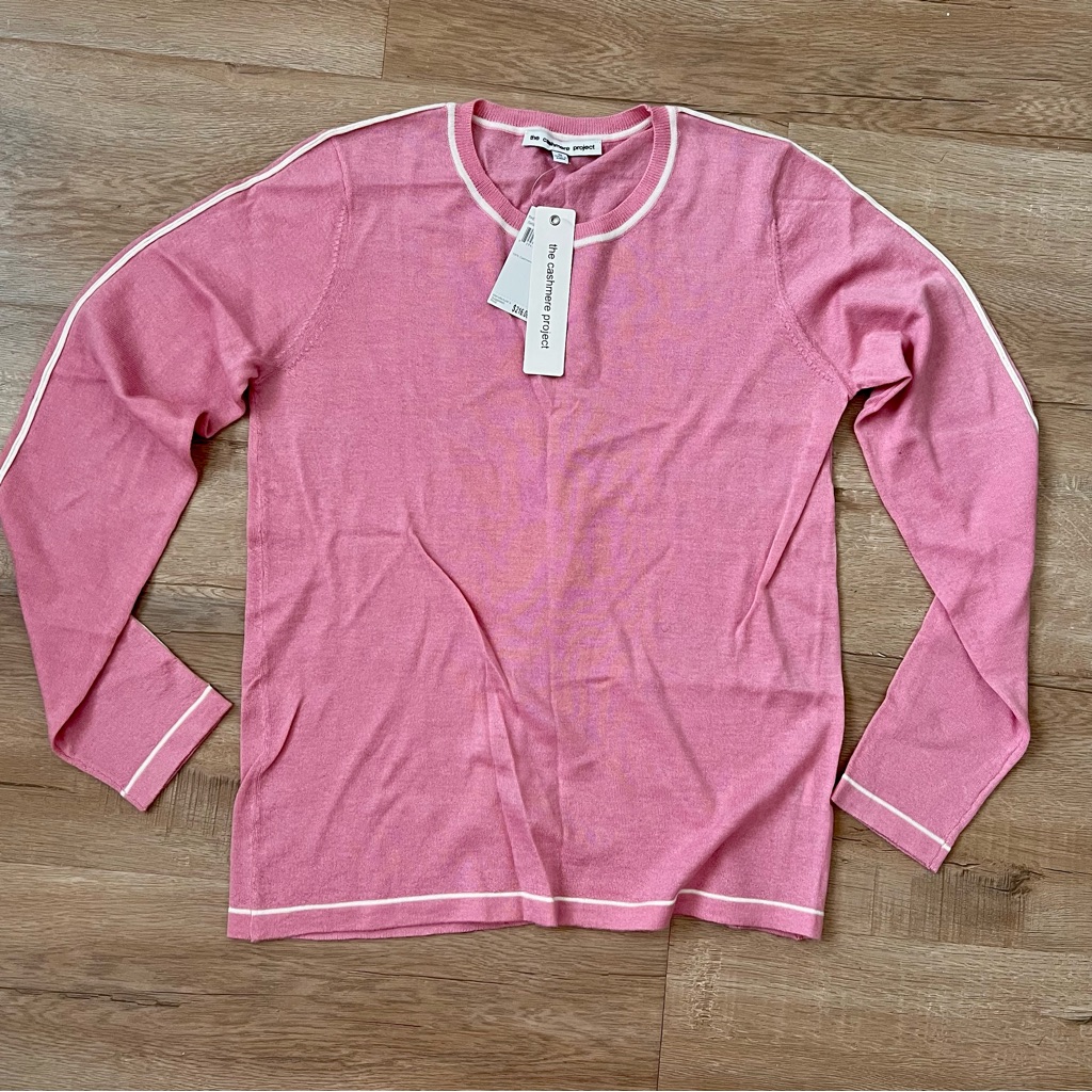Nwt $216 The Cashmere Project Pink White 100% Cashmere Basic Crew Sweater Size M